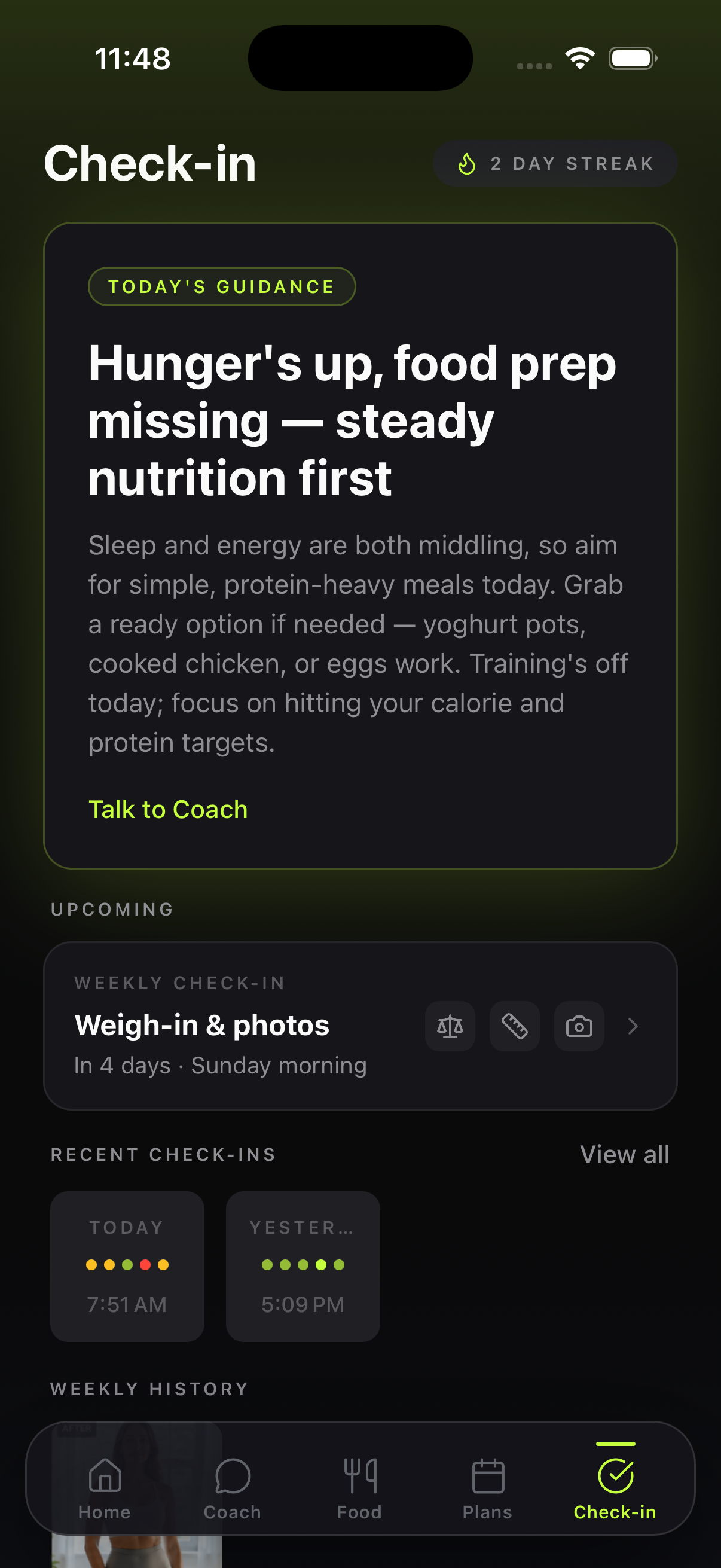 Stackdd weekly check-in — today's guidance, upcoming weigh-in, recent check-ins