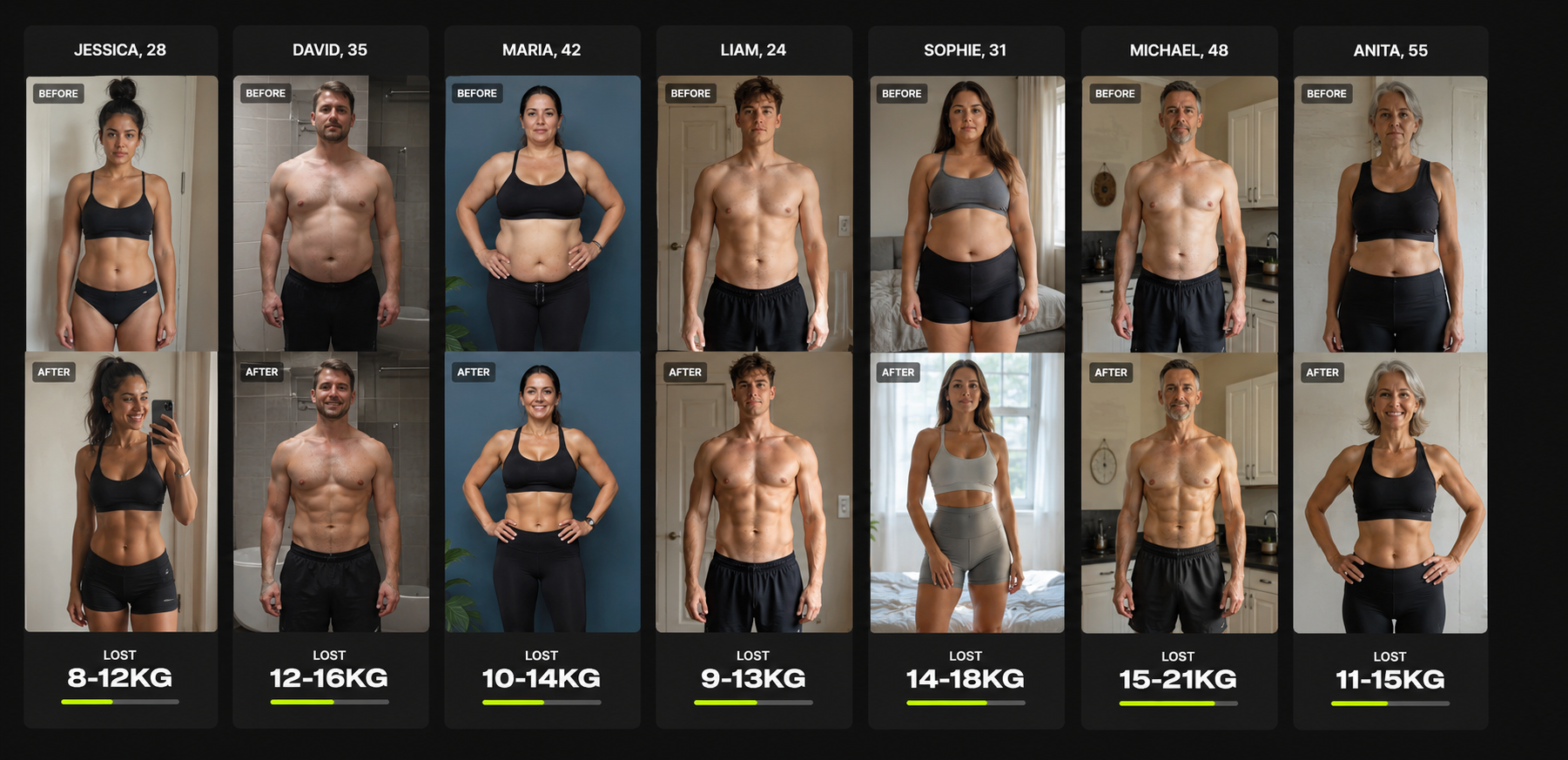 Before and after — Jessica, David, Maria, Liam, Sophie, Michael and Anita, each with the weight they lost